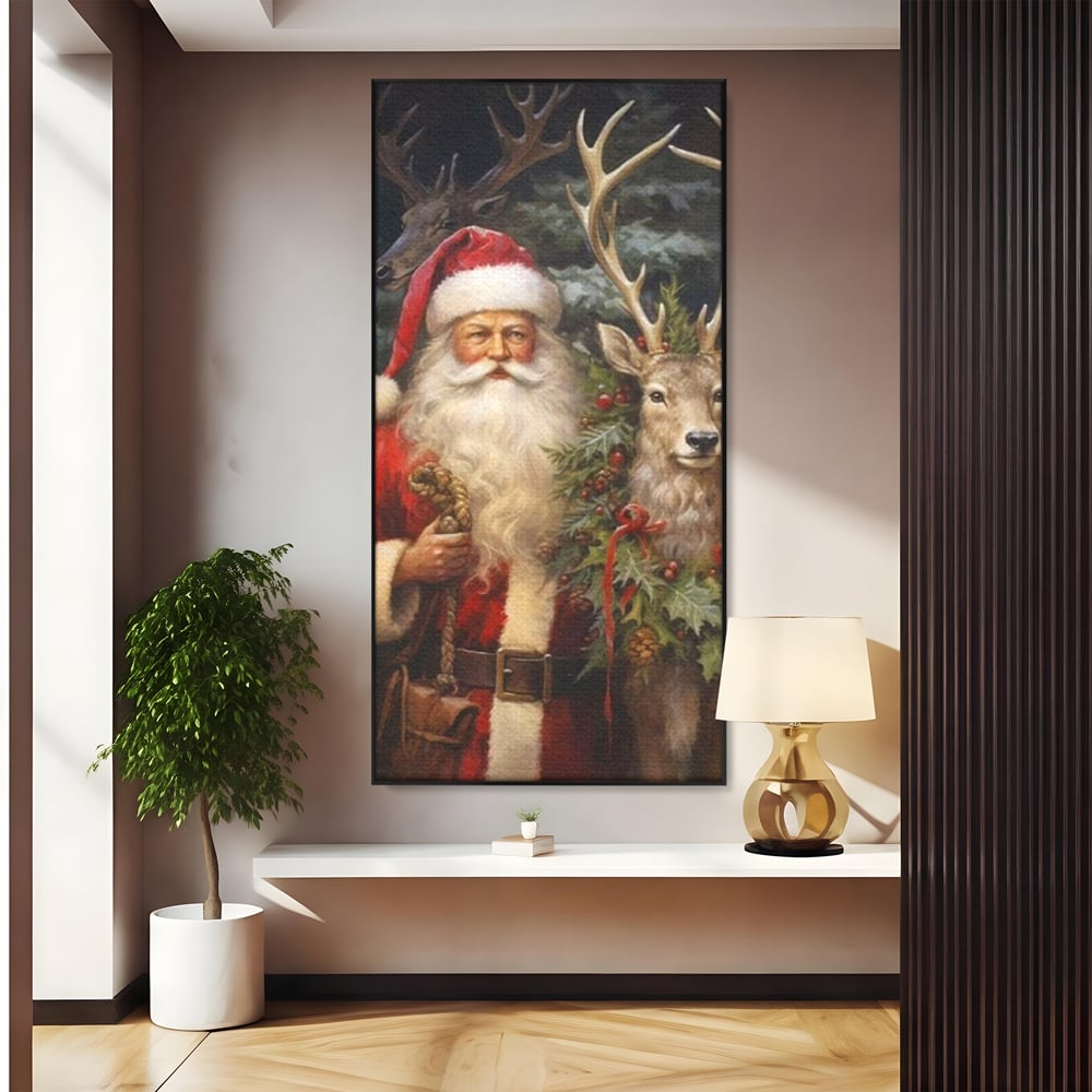 Tablou canvas cu tablou canvas cu mos craciun si cerbi, in rama de aluminiu negru